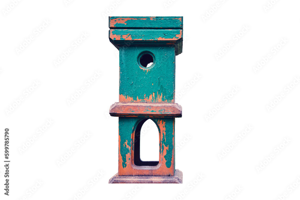 Vertical old manger in the park, closeup, isolated on a white background. Pillar with bird feeder and squirrels in the forest. Vertical old manger in the park, closeup, isolated on a white background. Pillar with bird feeder and squirrels in the forest.
