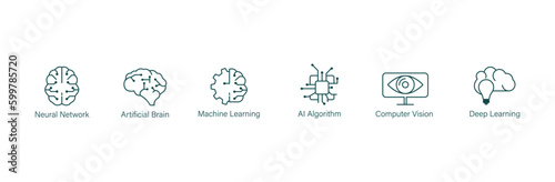 neural network, artificial brain, machine learning, ai algorithm, computer vision, deep learning icons vector illustration 