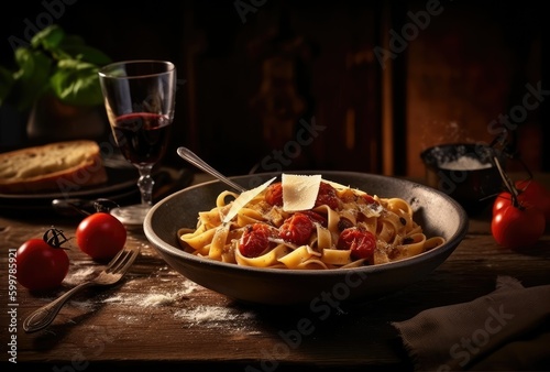 Pasta with tomatoes and cheese in a black & white plate. Generative AI 