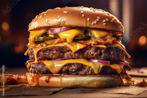 Double cheeseburger stuffed with melted cheese, hamburger, cucumber, tomato and lettuce - ai generative