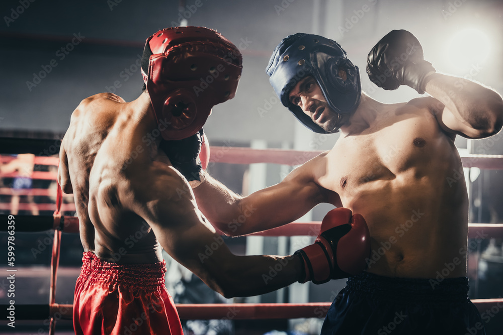 Boxer use various punch combinations, including the jab, hook, uppercut, cross, swing, straight. Getting in close to make opponent on ropes and knockout. Boxing champions win the round in boxing ring - obrazy, fototapety, plakaty 