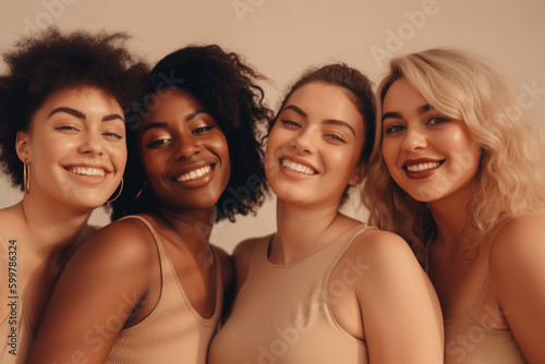 Group of different fat women posing on beige background. Generative AI