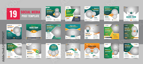 Lawn and Gardening service social media template bundle, Gardening and Landscaping service social media post layouts, Agro farm services social media post or web banner template set
