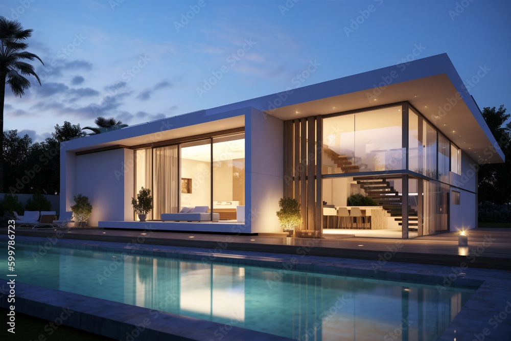 close up view of a modern luxurious  house with a pool, generative ai