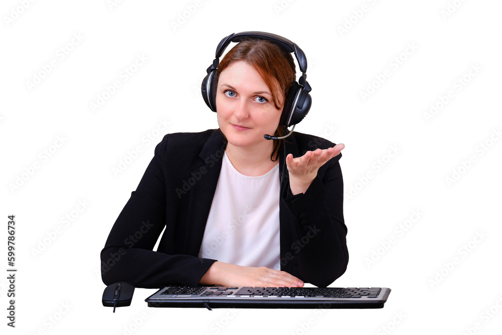 Woman talks in a video call in an online chat, isolated on a white background. Hand gesture to the camera with the palm up - your offer, isolated on a white background.