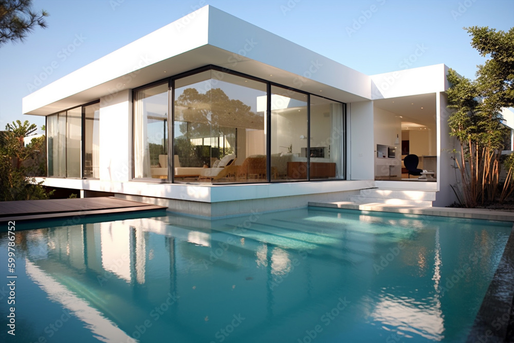 Fototapeta premium close up view of a modern luxurious house with a pool, generative ai