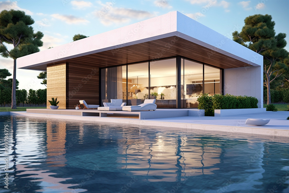 close up view of a modern luxurious  house with a pool, generative ai