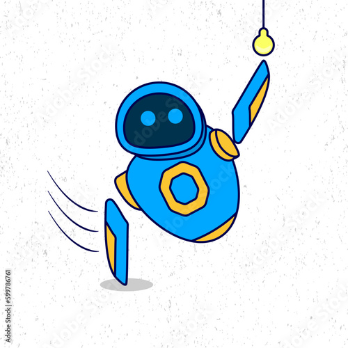 Cute blue robot reach for the lamp cartoon vector icon illustration. Science technology icon concept isolated premium vector. Flat cartoon style.