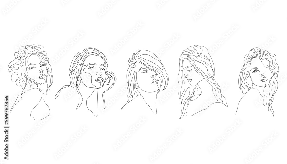 set of continuous line art of woman's faces