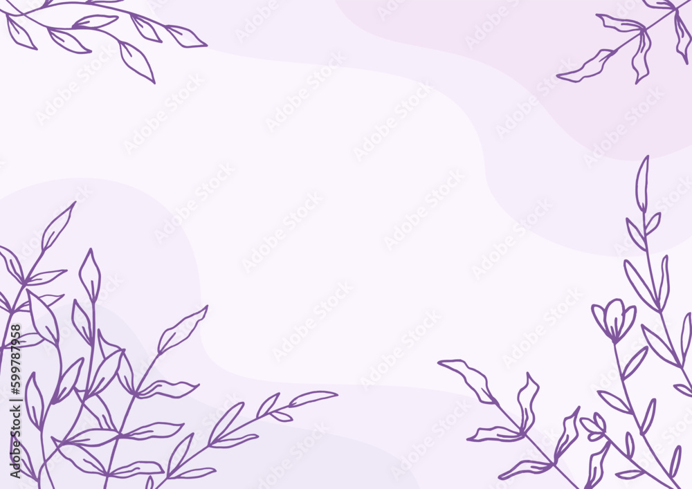 Beautiful Purple floral background with hand drawn leaves and flower border on pastel flat color for wedding invitation or engagement or greeting card Beautiful Purple floral background with hand drawn leaves and flower border on pastel flat color for wedding invitation or engagement or greeting card