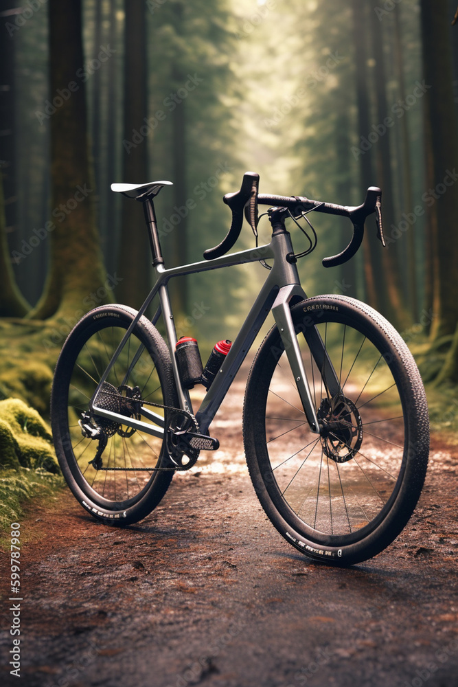 A modern gravel bike with wide tires and disc brakes, designed for off