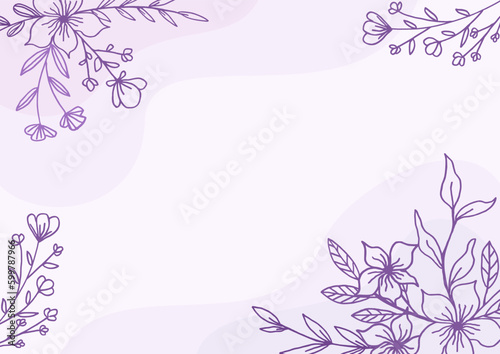 Beautiful Purple floral background with hand drawn leaves and flower border on pastel flat color for wedding invitation or engagement or greeting card