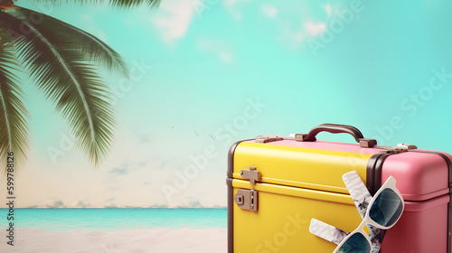 Vacation travel concept. Suitcase against summer tropical background. © Prasanth