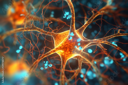 A close-up image of a neuron with branching dendrites and numerous synapses, emphasizing the importance of communication between brain cells.  Generative AI technology.. photo