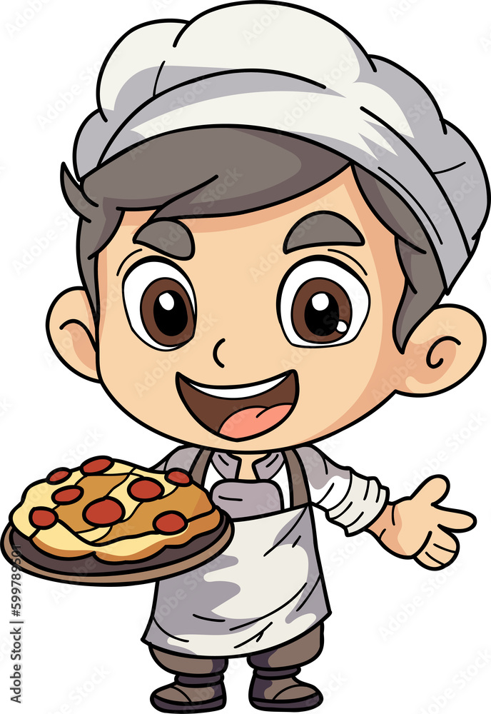 Happy chef man holding food illustration in doodle style Happy chef man holding food illustration in doodle style