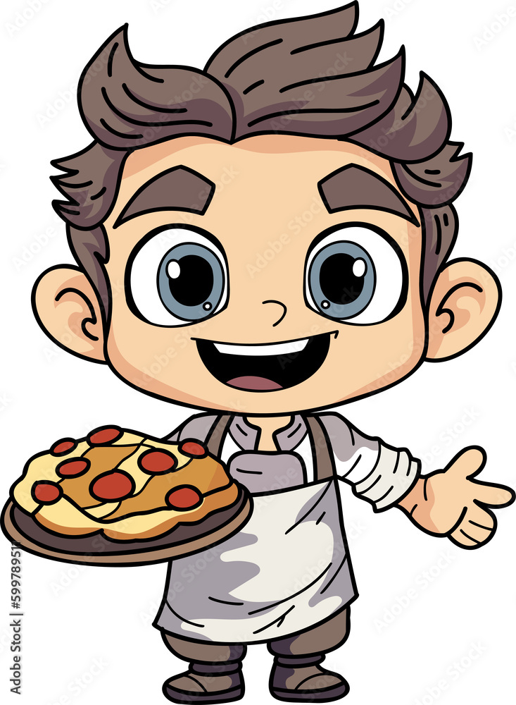 Happy chef man holding food illustration in doodle style Happy chef man holding food illustration in doodle style