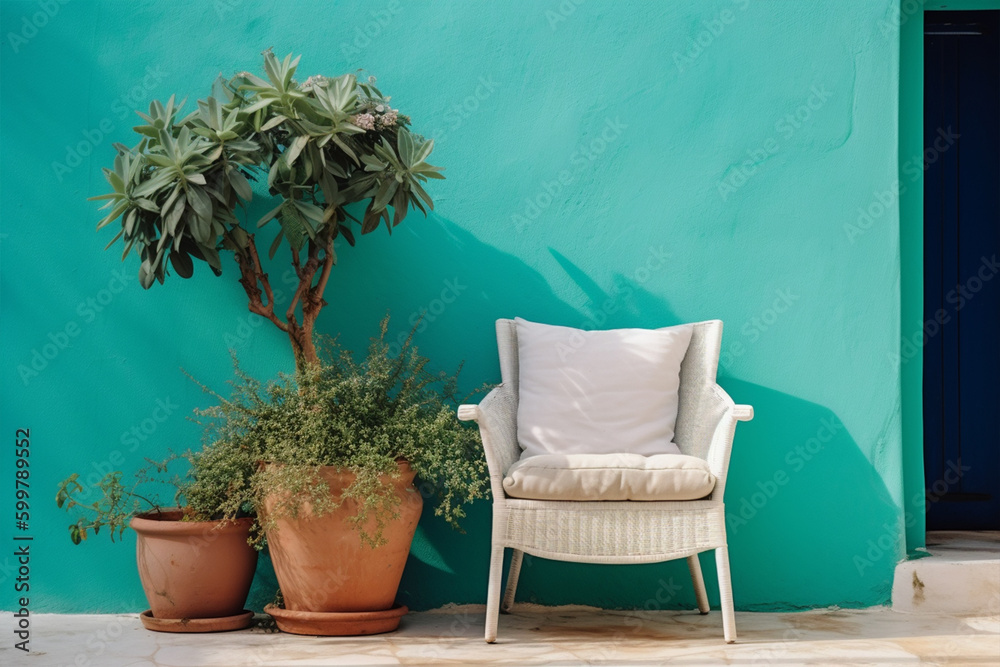 balcony with a green wall and a chair with a blue pillow, generative ai