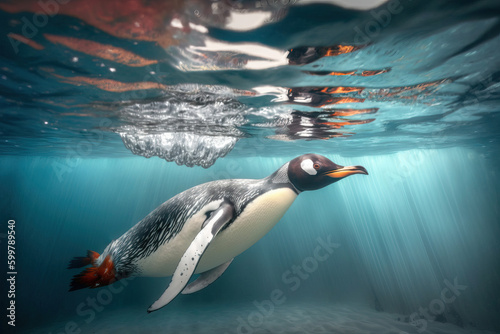 A penguin swims alone under water, generative AI.