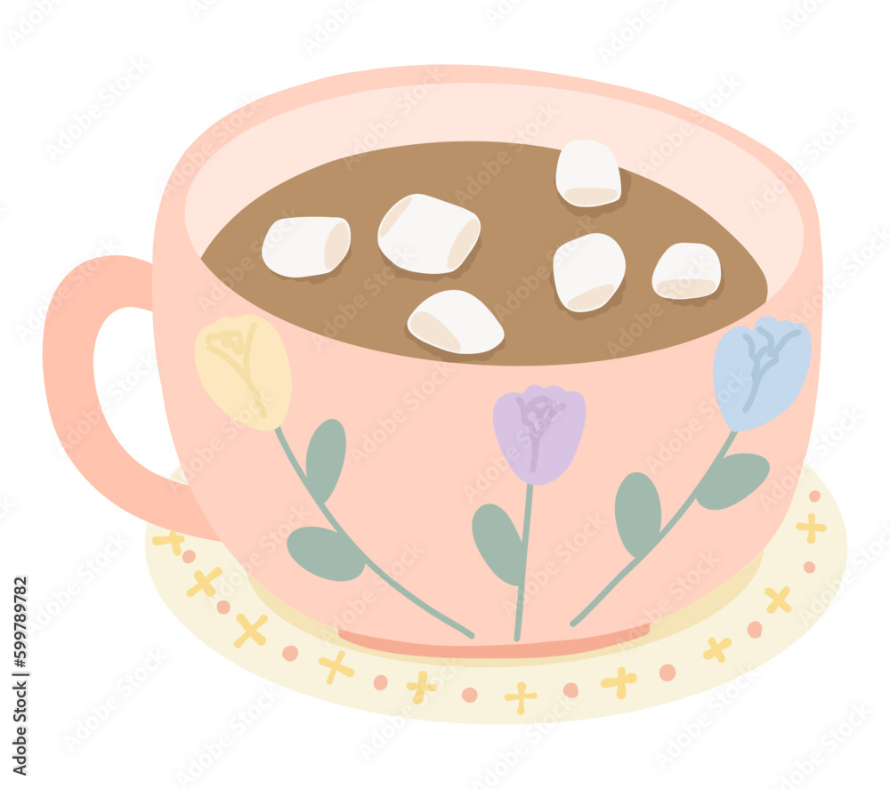 A hot chocolate drink with marshmallows in a pink vintage cup decorated with flowers A hot chocolate drink with marshmallows in a pink vintage cup decorated with flowers