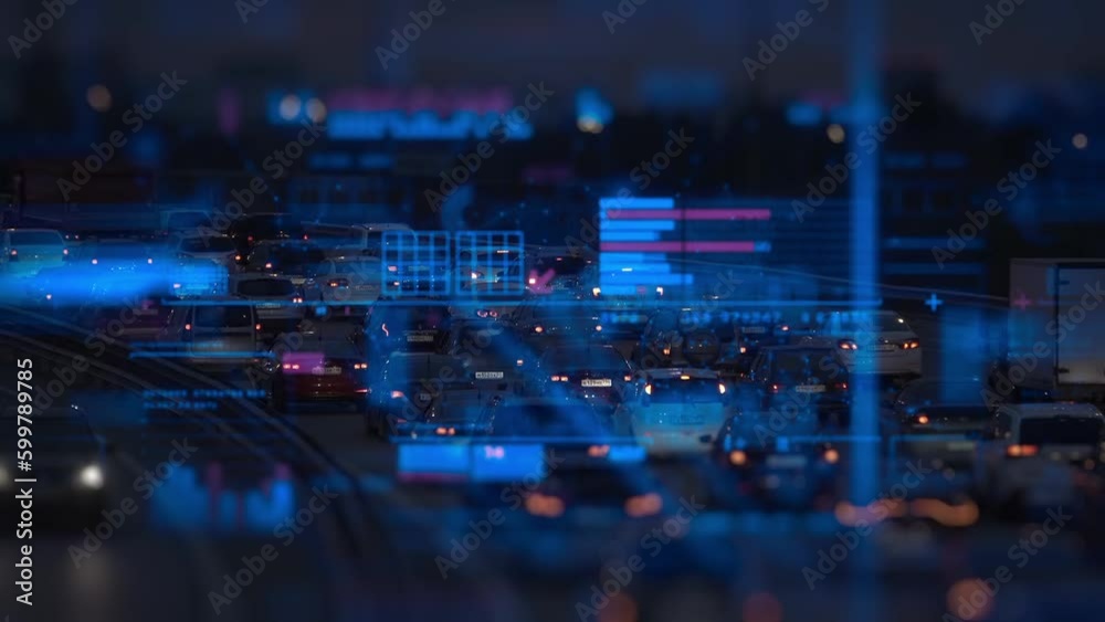 Technology data on night city road background. Communication business connection concept. 