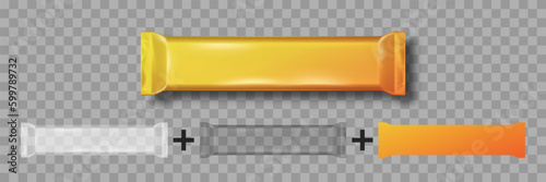 Flow pack mockup. Slim chocolate bar wrap. Orange foil bag. Sugar stick. Blank snack envelope. Food realistic pouch. Disposable package. Snacks container. Vector 3d packaging design