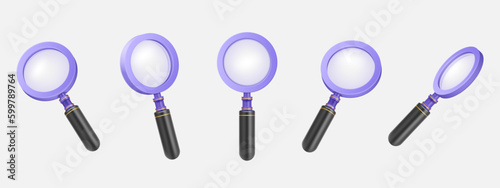 3d realistic magnifier lens, minimal details isolated element different angle view. Transparency glass search tool, analyse and research, zoom symbol, optical equipment. Vector lupa icons set