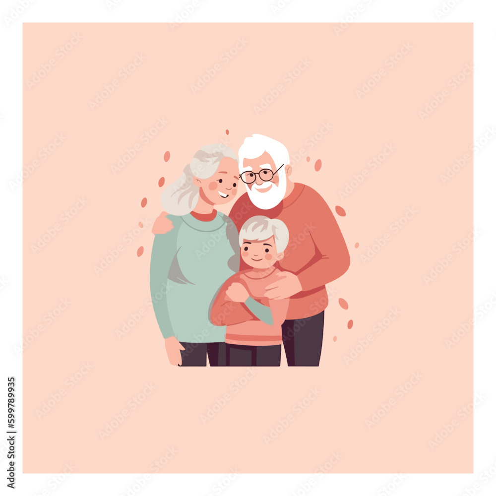 illustration of grand grandson hugging his grandparents. Grandparents' Day . modern flat color 