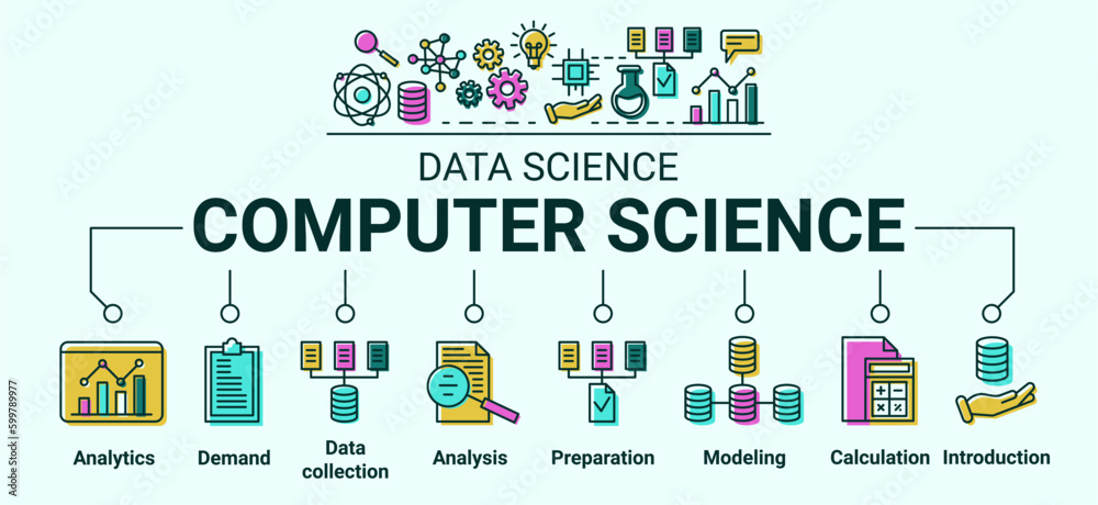 Data science. AI icons. Statistic process. Algorithms of innovation strategy. Information automation analysis. Calculation and analytics. Color pictograms. Vector infographic banner Data science. AI icons. Statistic process. Algorithms of innovation strategy. Information automation analysis. Calculation and analytics. Color pictograms. Vector infographic banner