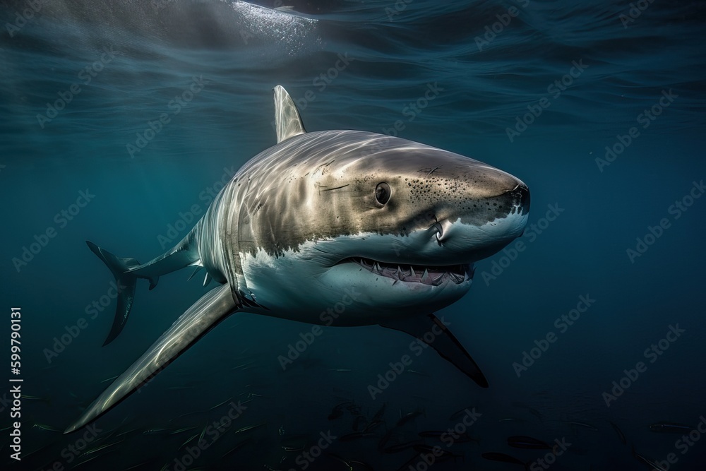 Naklejka premium A shark with an open mouth swims underwater, generative AI.