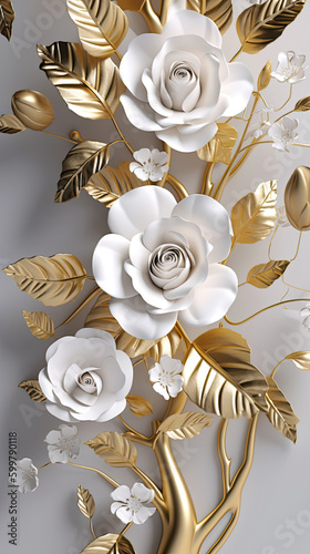 3d wallpaper floral tree background with white flower leaves and golden stem. interior wall home decor