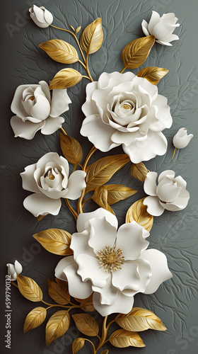 3d wallpaper floral tree background with white flower leaves and golden stem. interior wall home decor