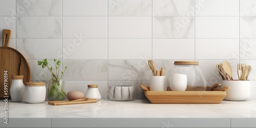 Minimal white marble kitchen countertop with wooden utensils  ceramic bowl in basket in morning sunlight on white square tile wall for cooking  With Generative AI technology