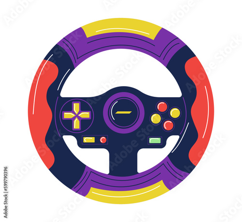 Steering wheel joystick. Video game control device. Wireless gamepad with keypad buttons. Gaming technology. Virtual simulator joypad. Computer gadget. Vector drive race controller