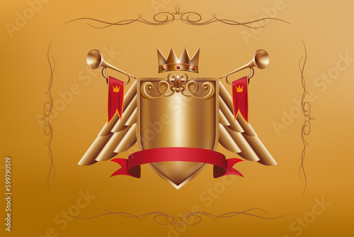 3D royal shield for game. Gold crown as level up rank. Trophy wings and raw on medal. Heraldic emblem with ribbons and gems. Flourish frame. Vector cartoon imperial insignia icon design