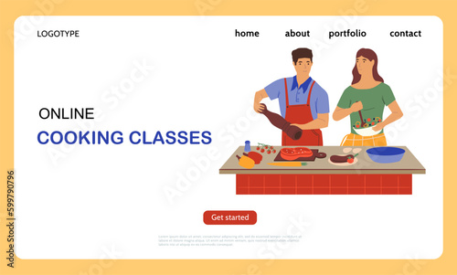 Cooking on kitchen. Online food preparation classes landing page. Culinary tutorial. Distance internet course. Man and woman preparing dinner. Education service. Vector website design