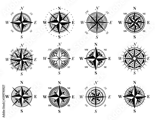 Compass icon set. Wind rose icons. Vintage nautical compass symbol with north south west and east directions. Navigational equipment silhouettes. Map sign. Vector cartography isolated elements