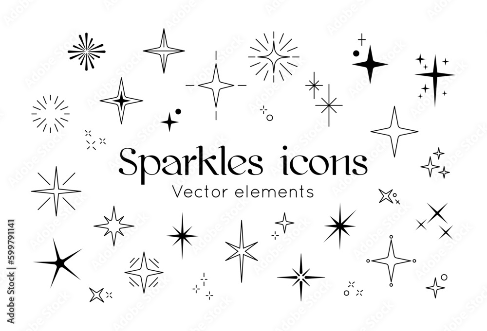 Naklejka premium Glitter sparkle icons. Star twinkle, shiny festive elements, modern magic spark, light or glow decoration, flare. Shimmer effect for decoration, shining lights. Vector geometric pictograms set