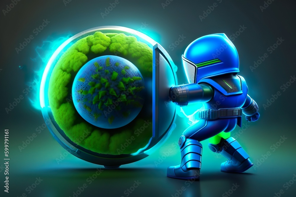 A blue superhero blocks a green virus A blue superhero blocks a green virus