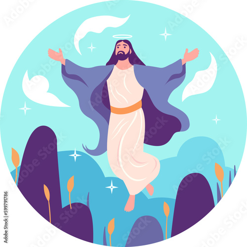 Happy Ascension Day Design with Jesus Christ in Heaven Vector Illustration.