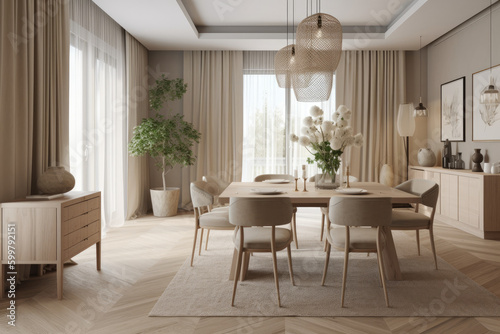 Cozy dining room interior in beige