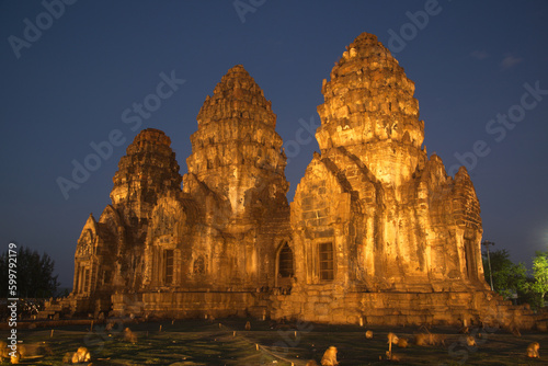 Night scene at Phra Prang Sam Yot temple is an ancient site and one of the important historical and archeological sites. Located at Lopburi Province in Thailand.
