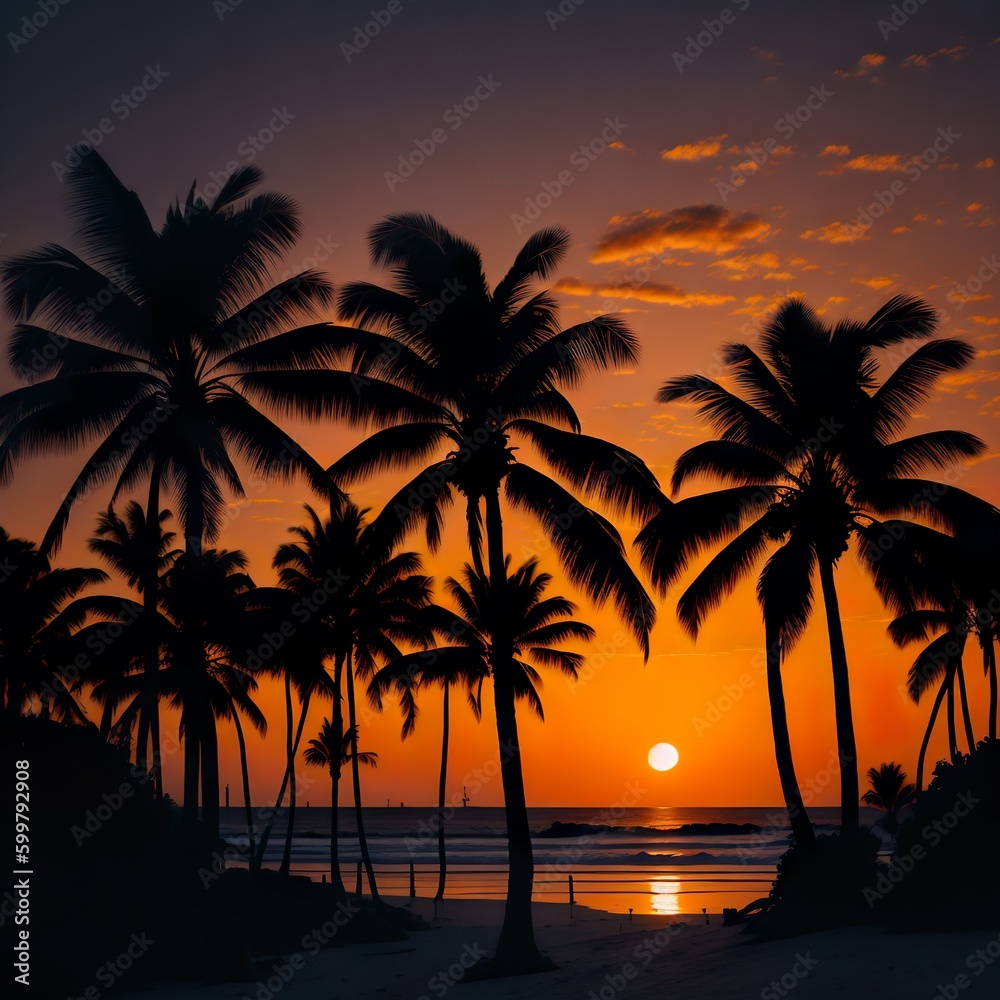 Strand mit Palmen während Sonnenuntergang