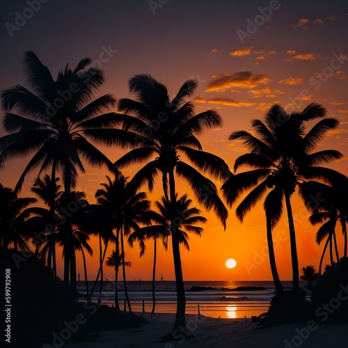 Strand mit Palmen w  hrend Sonnenuntergang