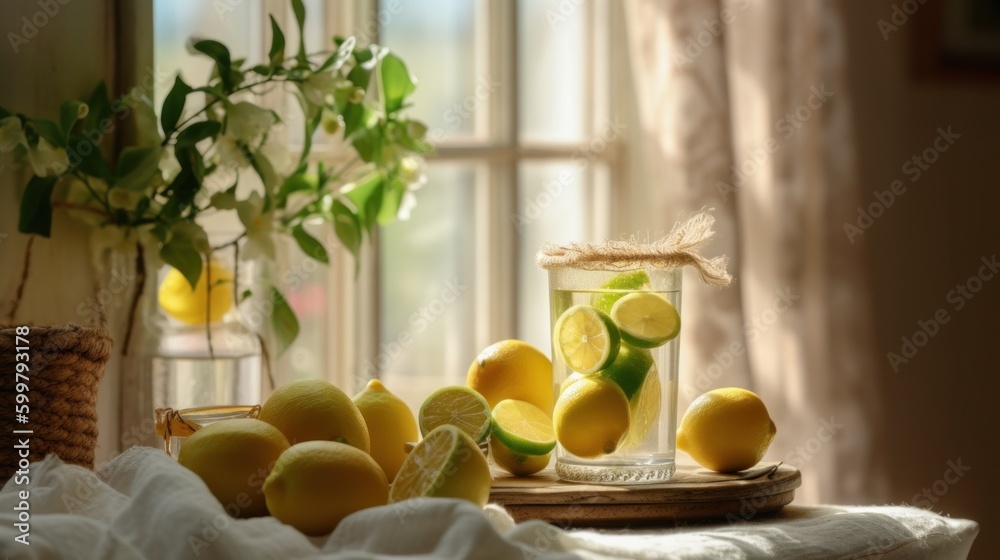 Fresh lemonade and lime fruit slices on a tablecloth near beautiful rural cottage kitchen window with natural sunshine, old rustic wooden table, wicker baskets, organic homegrown - generative AI Fresh lemonade and lime fruit slices on a tablecloth near beautiful rural cottage kitchen window with natural sunshine, old rustic wooden table, wicker baskets, organic homegrown - generative AI