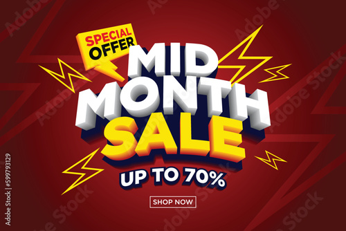 Mid month sale poster or banner vector template design. Big sale event on the red background. Ads for web, social media, shopping online.