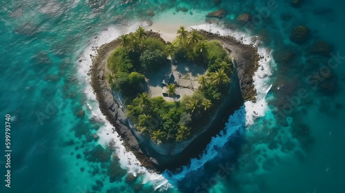Small island in the shape of heart. Concept background for travel compagny. Generative AI.