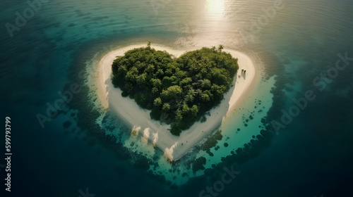 Small island in the shape of heart. Concept background for travel compagny. Generative AI. © NoOneSaid