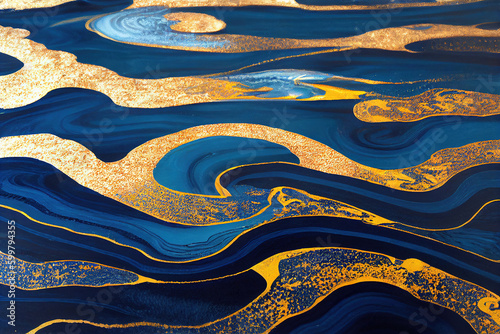 Blue and golden acrylic liquid ink swirl abstract background with ravishing turbulence wavy pattern and detailed texture. Luxury fluid liquid art by Generative AI.