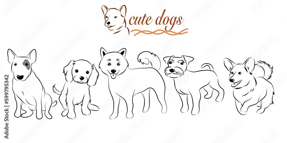 Obraz premium Doodle Cartoon dog illustration set in different poses. Cute sitting, running and lying vector dog isolated on white background