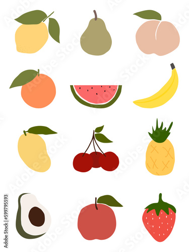 Fruits collection in flat simple hand drawn style.